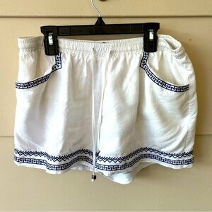 White and Blue Embroidered Women's Linen Blend Shorts Women SzMedium